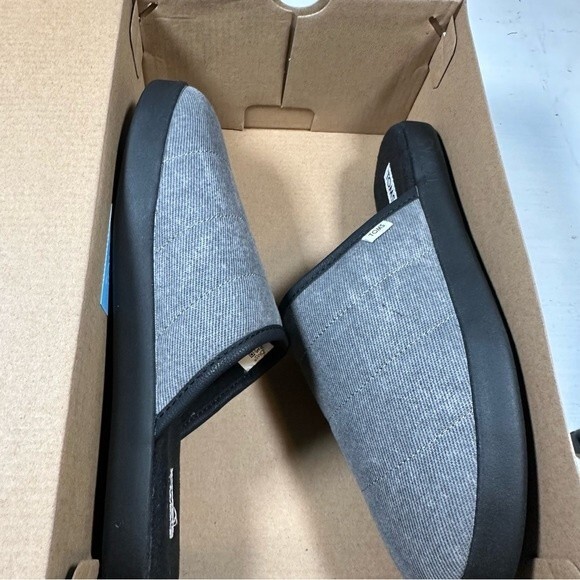 Toms Slippers Mens 7 Harbor Black Distressed Twill Slip On Mules Hard Sole - Picture 12 of 13